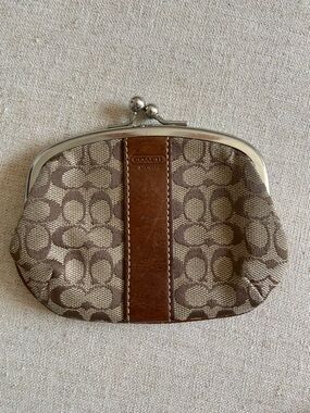 Coach Taupe and Brown Signature Coin Purse with Kiss-Lock